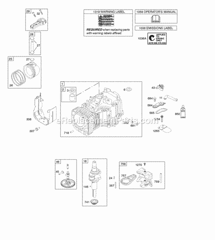 Camshaft Crankshaft Cylinder OperatorS Manual Piston Rings Connecting Rod Warning Label Diagram and Parts List for 31G777-0174-G5  Briggs and Stratton Engine